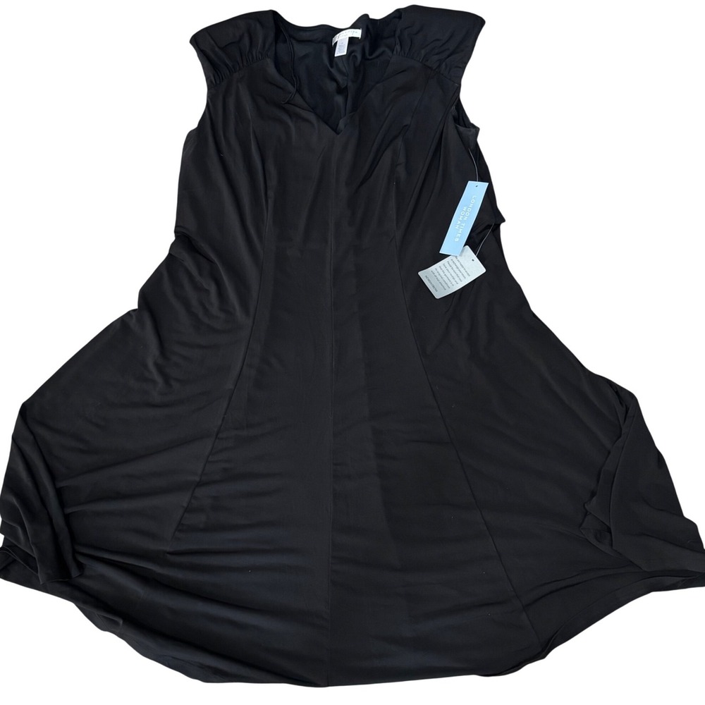 London Times Dress Womens 2X Black New V-Neck Cap Sleeve Jersey Midi A-Line